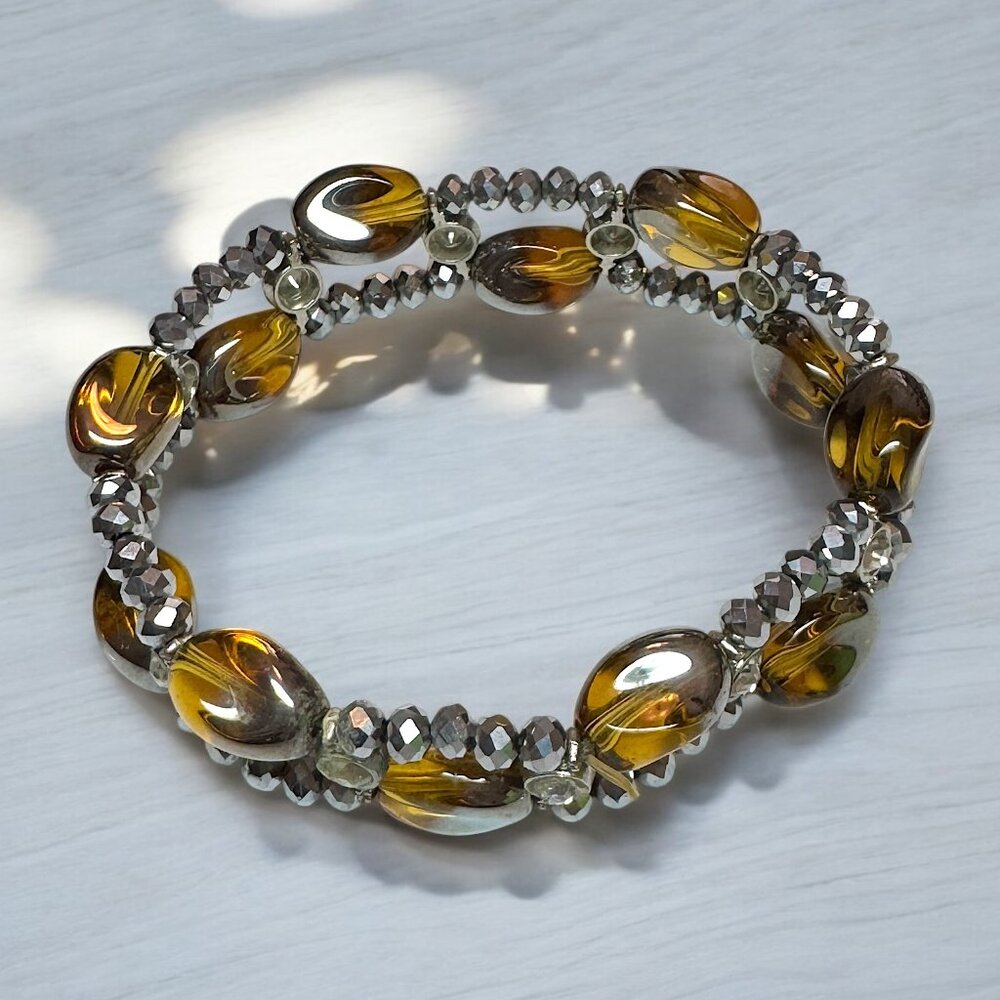 Glass Beads Bracelet Stretchy Amber Brown and Silvery colours